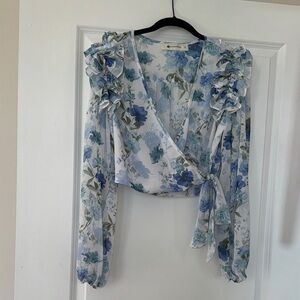 Floral Blue Wrap Top